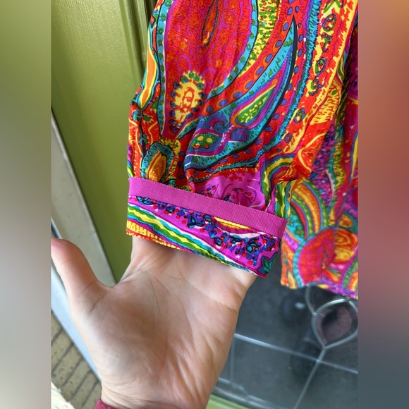 Trina Turk Silk Baggy Bright Colorful Floral 3/4 Length Sleeve Boho Top Loose Sm - Picture 2 of 7